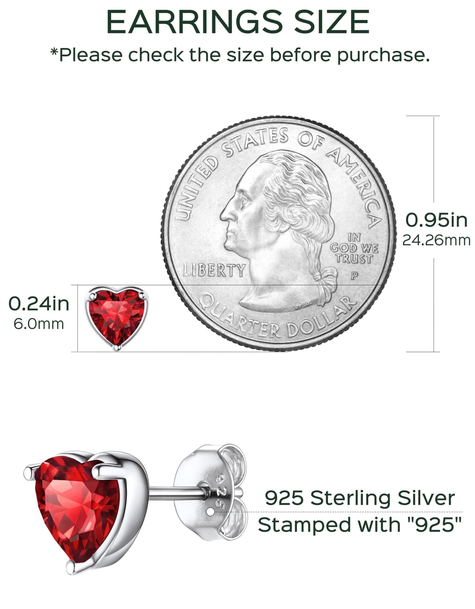 January Red Garnet Birthstone Heart Stud Earrings for Women Girls 925 Sterling Silver Gift for Birthday Christmas