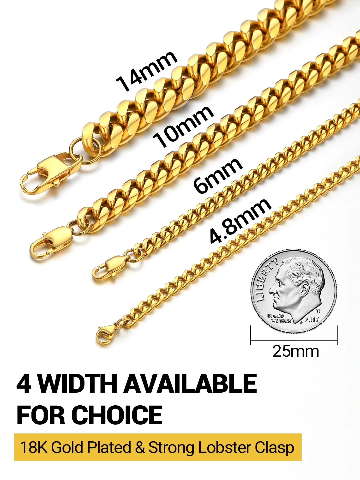 Cuban Link 10MM Wide 18K Gold Chain Bracelets Punk Mens Women Jewelry Gift, 19" Length