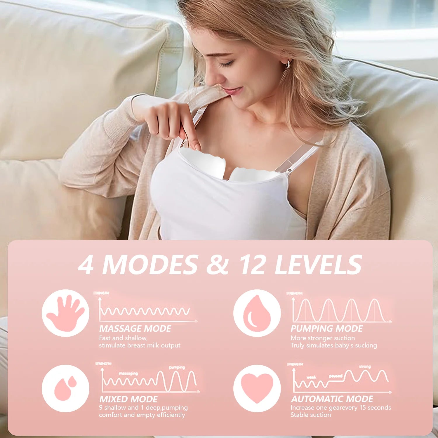 Electric Breast Pump,  Wearable Breast Pump, Hands-Free Breast Pumps with 3 Modes, 9 Levels, Pink