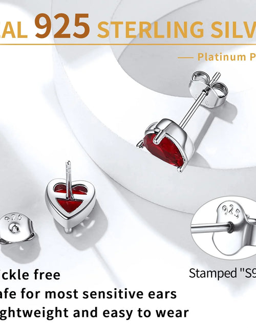 Load image into Gallery viewer, January Red Garnet Birthstone Heart Stud Earrings for Women Girls 925 Sterling Silver Gift for Birthday Christmas
