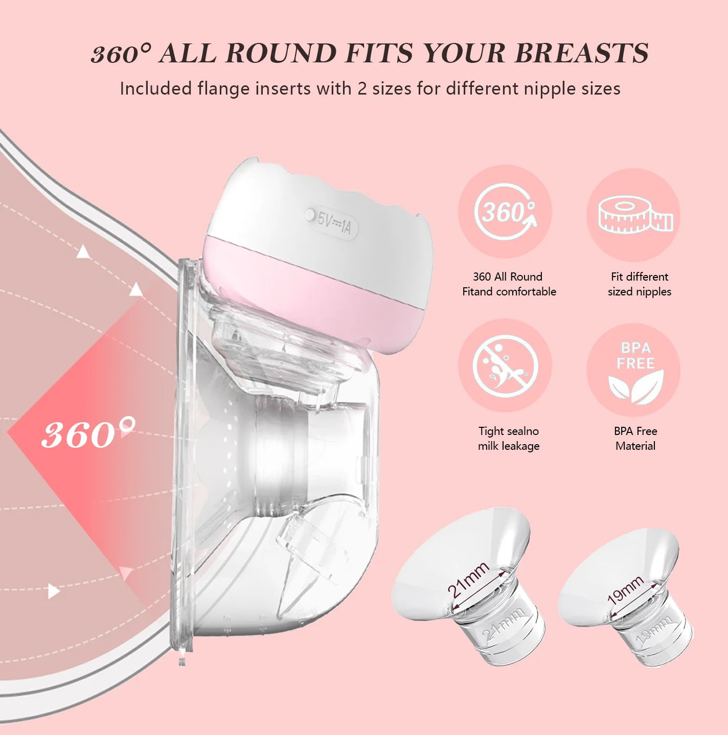 Electric Breast Pump,  Wearable Breast Pump, Hands-Free Breast Pumps with 3 Modes, 9 Levels, Pink