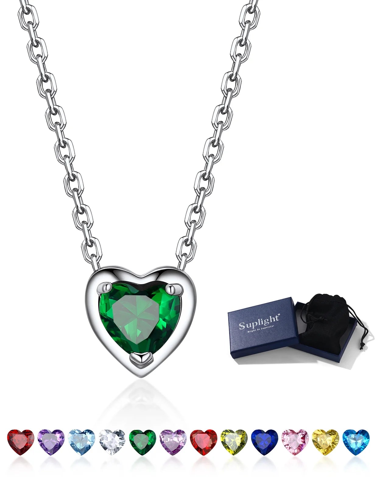 Women 925 Sterling Silver Birthstone Love Heart Necklace, Birthday Valentines Gift