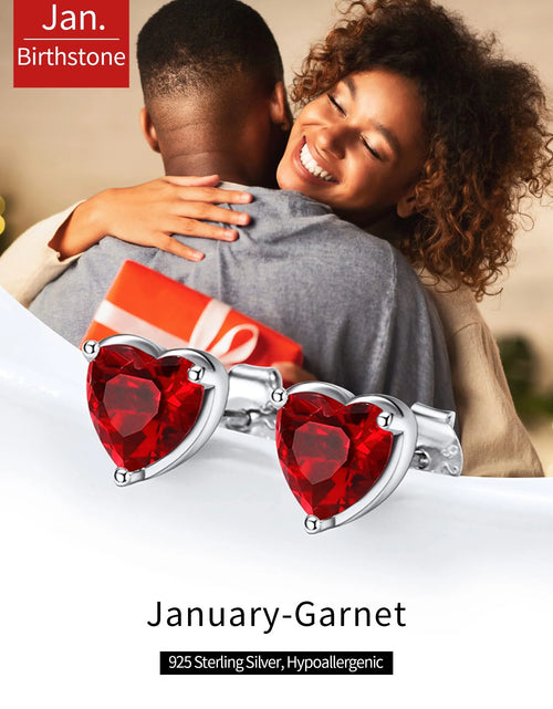 Load image into Gallery viewer, January Red Garnet Birthstone Heart Stud Earrings for Women Girls 925 Sterling Silver Gift for Birthday Christmas

